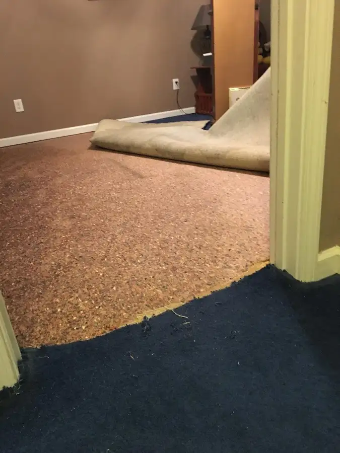Carpet pad removal revealing water damage during Water Mitigation Services in Reedley
